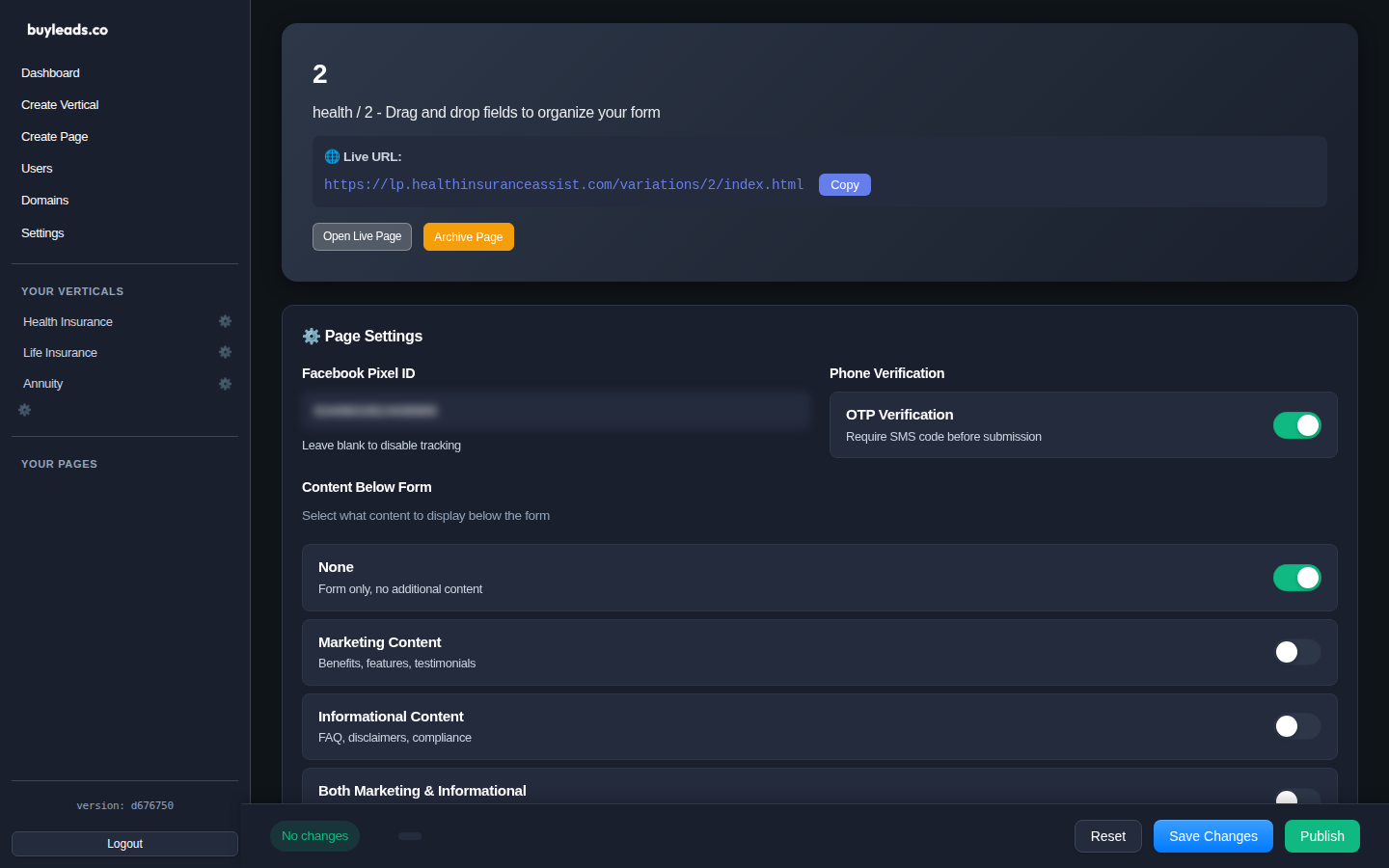 Edit page with settings and preview